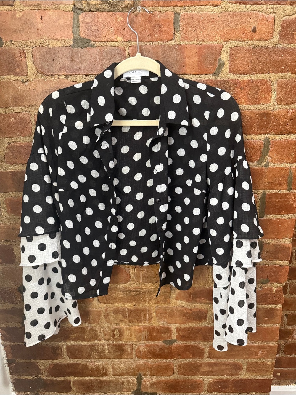 Lost Ink Black & White Polka Dot Tiered-Sleeve Button-Down Shirt